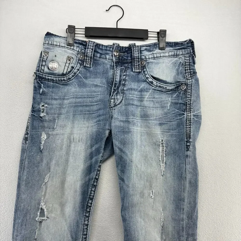 Rock Revival Jeans men's 34 Blue Zed Straight Whisker Distressed Faded Whisker
